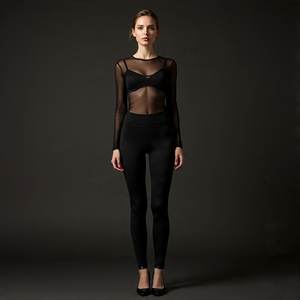 Conjunto de dos piezas de malla transparente para mujer, camisas de manga larga con botones, blusa, Tops de malla, pantalones de pierna ancha de cintura alta, conjuntos de sueño nocturno - Product Image 5