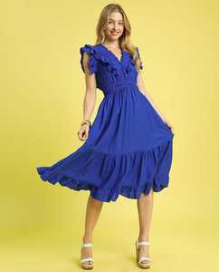 เดรสแม็กซี่ยาวถึงเข่าสำหรับผู้หญิงชุดเดรสลำลองแขนกุดทรงหลวมคอวีแบบหรูหราสำหรับฤดูร้อน - Product Image 1