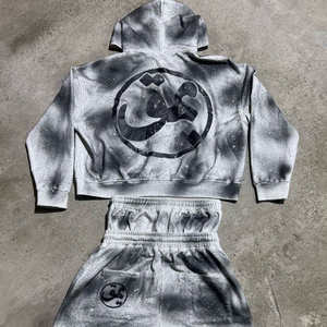 Ensemble sweat à capuche et short en molleton de coton avec strass, coupe ample à double taille, poids lourd 380g, style vintage d'hiver - Product Image 2