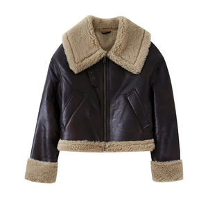 Veste pour femme en cuir véritable et coton brut, style tendance d'hiver, nouveau style, tempérament, grand col, dentelle à la taille, couleur unie - Product Image 1