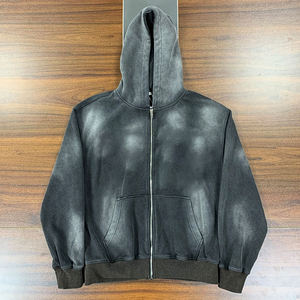 2025 nouveauté Streetwear lavage survêtement ourlet brut fermeture éclair survêtement pour hommes 100% coton éponge évasé pantalons de survêtement et sweat à capuche ensemble - Product Image 2