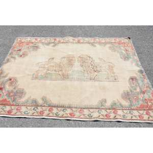 พรมขนสัตว์ตุรกีสีเบจ4.6 x 6.6ft คลาสสิกดีไซน์แบบเย็บปะติดปะต่อกันสำหรับห้องนั่งเล่นห้องนอนสี่เหลี่ยมพรมยาง - Product Image 3