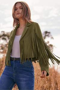 Nuevo abrigo corto con flecos para mujer con solapa de motocicleta y otoño para mujer, chaqueta universitaria de cuero de motorista de gamuza auténtica personalizada - Product Image 3