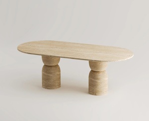 Table à manger ovale en travertin de qualité supérieure avec base à double piédestal sculpté, design en pierre solide pour les maisons de luxe modernes - Product Image 1