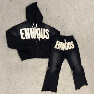 Custom Flared Sweatpants and Hoodie <b>Set</b> 500GSM Oversized <b>Embroidery</b> Stacked Sweatsuit Baggy Fleece Acid Washed Tracksuits - Product Image 2