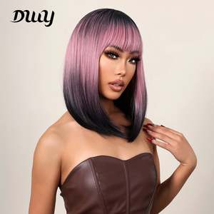 16 Inches <b>Long</b> Straight Pink Gradient Black Synthetic <b>Wigs</b> Bangs for Women Daily Use Party Cosplay Taking Stretched 32 Inches - Product Image 2