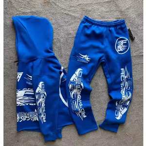 Sweat-shirt à capuche et pantalon de survêtement zippés personnalisés avec patch de détresse et lavage à l'acide Ensemble survêtement évasé pour hommes. - Product Image 4