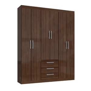 Armario de Estilo Moderno BASIC de 6 Puertas y 3 Cajones, Mueble de Dormitorio de Madera, Aglomerado con Recubrimiento de Barniz Cerámico, Color Cacau Brillante - Product Image 1