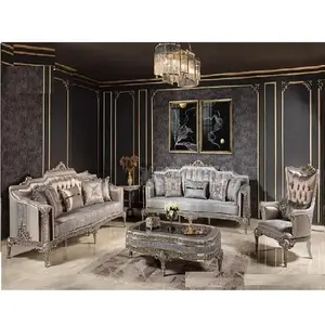 Conjunto de sofá de prata, jogo de mobiliário clássico com olho de prata para sala de estar, metálico, barroco, 7 lugares
