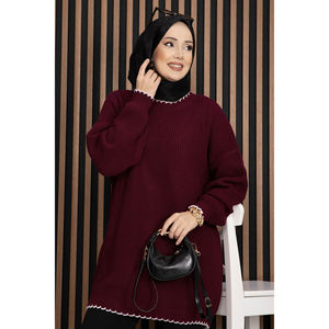 Suéter de Punto Acanalado Oversize para Otoño/Invierno para Damas y Chicas, Color Borgoña, con Logotipo Frontal, Casual, Largo, Transpirable, Suave y Cómodo, con Estampado - Product Image 2