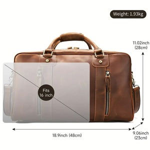Sac de voyage en cuir véritable vintage léger et portable unisexe, sac de week-end avec compartiment pour ordinateur portable, bandoulière réglable - Product Image 3