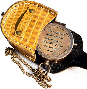 Vintage Brass Art Deco Pocket <b>Compass</b> with Movable Chain and Leather Case Metal Handicraft <b>Antique</b> Nautical Direction Finder - Product Image 6