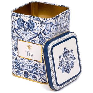 Caja de lata de metal cuadrada con tapa deslizante de 1L 90x90x125mm Patrón decorativo azul blanco inspirado en azulejo Reciclable Grado alimenticio para bebidas - Product Image 1