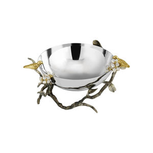 Bol de service artisanal en acier inoxydable et laiton oxydé, bol à collation décoratif naturel avec support en forme de branche d'arbre et de fleurs pour la maison - Product Image 1