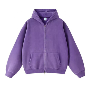 Sweat à capuche unisexe violet en polaire zippé, coupe oversize décontractée, longueur standard, couleur unie, tricoté, pour l'automne - Product Image 1
