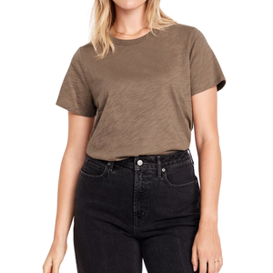 เสื้อยืดสีครีมทรงพอดีตัวสำหรับผู้หญิง เสื้อแขนสั้นคอกลมสีพื้นลำลองสำหรับผู้หญิง - Product Image 4