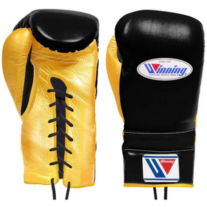 ถุงมือชกมวยแบบผูกเชือก Winning สีดำทอง หนังแท้ ถุงมือชกมวยระดับเอลีท สำหรับการฝึกซ้อมและการต่อสู้ ขนาด 8oz 10oz 12oz 14oz 16oz - Product Image 1