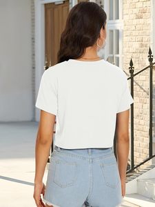 Tops cortos de invierno para mujer, blusa informal de manga corta con cuello redondo, camisetas holgadas de algodón/poliéster/Rayón/Spandex - Product Image 3