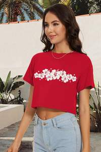 Tops cortos de verano para mujer, camisetas de manga corta con cuello redondo, blusa informal holgada de algodón/poliéster/Rayón/Spandex - Product Image 3