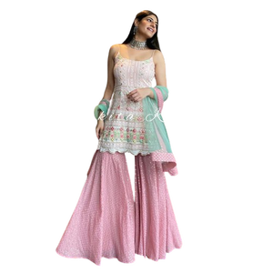 Diseñador moderno étnico Georgette tela indio tradicional desgaste pesado Faux Sharara traje para adultos para bodas paquistaníes - Product Image 1