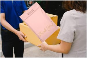ขอบคุณสำหรับถุงโพลีเมลเลอร์ขนาด 25x33 ซม. พร้อมหูหิ้วและแถบกาวปิดผนึกกันน้ำ น้ำหนักเบา ลายพิมพ์สีชมพูและสีทอง - Product Image 4