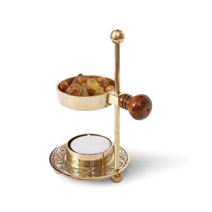 Quemador de incienso y carbón de latón artesanal con recubrimiento en polvo con perilla de madera y mango aromático 100% sándalo natural - Product Image 1