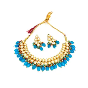 Conjunto de Collar Kundan Azul Cielo Oscuro Chapado en Oro, Joyería Nupcial Fina Vintage con Cuentas Multicolores y Rubí para Boda - Product Image 4