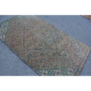 Classic <b>Brown</b> Blue Vintage Turkish Rug 4.1 X 7.4ft Handmade Patchwork Design <b>Wool</b> Bamboo Silk Material Latex Backing for Living - Product Image 2