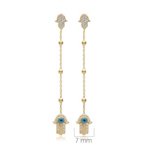 ต่างหูยาวประดับลูกปัดตาสีฟ้า CZ ลายฮัมซา ขายส่งเครื่องประดับเงินแท้ 925 งานฝีมือตุรกี - Product Image 6