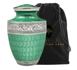 Urnes funéraires artisanales vertes et argentées pour adulte, 10 pouces, avec sac en velours - Product Image 3