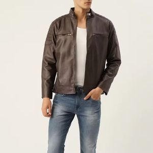 Veste d'hiver décontractée en cuir de vachette véritable de qualité supérieure pour hommes avec col montant Tissu en toile écologique et imperméable - Product Image 4