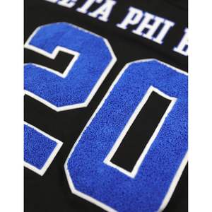 Camiseta de fútbol de chenilla de gran tamaño Zeta Phi Beta, camiseta negra 100% de poliéster con logotipos bordados, cuello en V, Mangas de doble rayas - Product Image 5