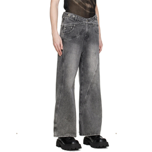 OEM personalizado Zip-Fly cintura no elástico Denim Fading gris Panel Jeans para hombres Casual Streetwear Baggy Oversized Denim Pant's - Product Image 5