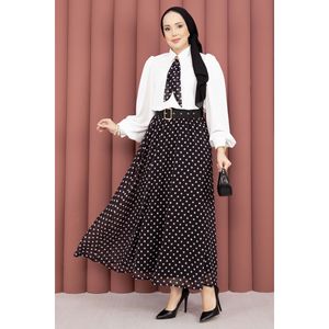 Ensemble chemise en mousseline noire avec écharpe et jupe ceinturée à pois, taille XL, coupe ample, 2 pièces, pour le printemps/été - Product Image 3