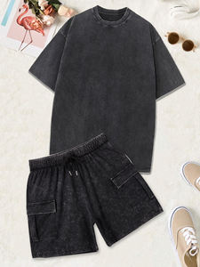 2025 nouveau lavé couleur unie T-Shirt ensemble hommes à la mode rue sport Shorts multi-couleurs coton ample confortable à manches courtes - Product Image 6