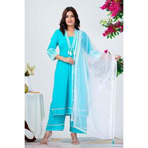Elegante Conjunto de Kurta de Chifón Azul Agua Bordado con Dupatta - Product Image 3