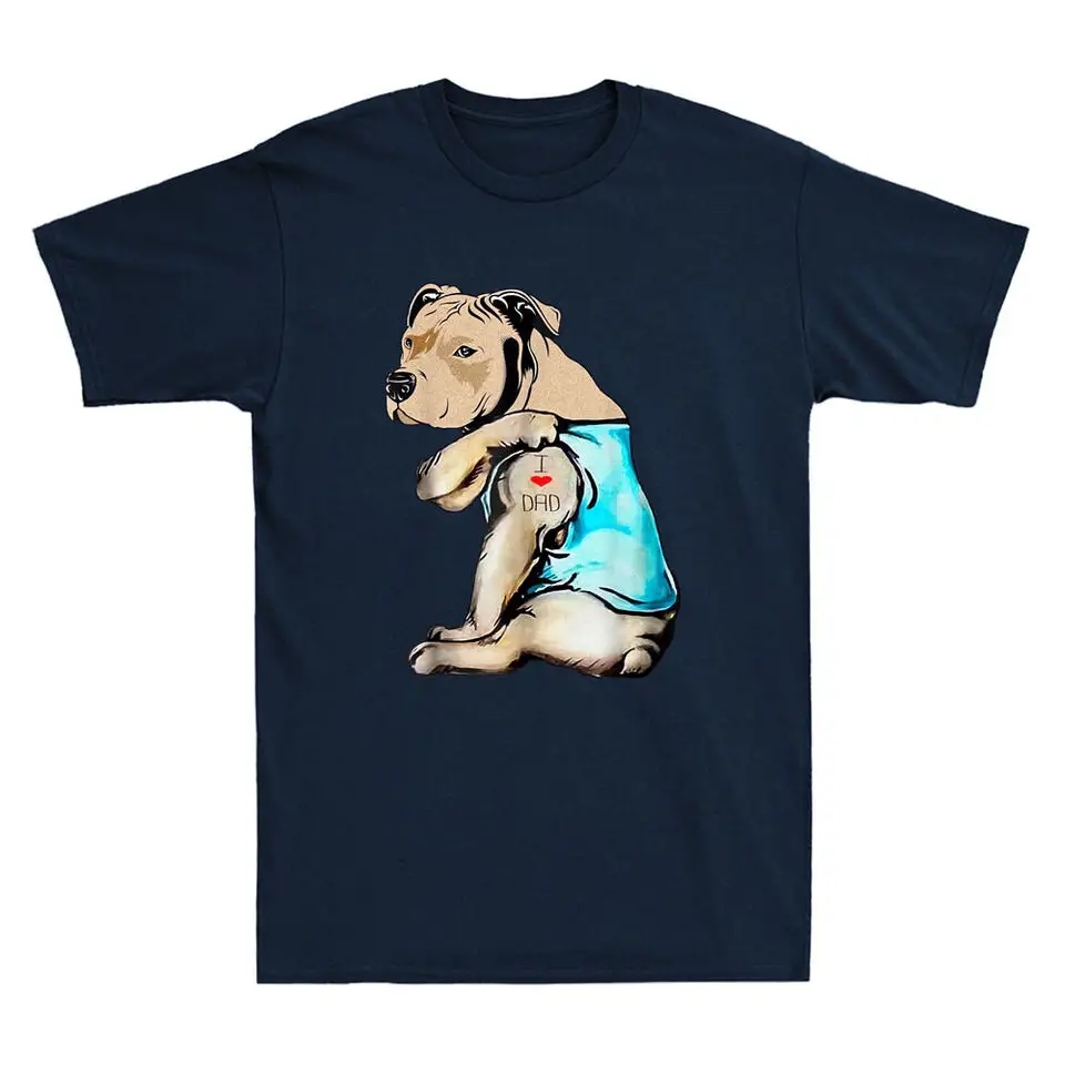 Pitbull Dog I Love Dad Tattoo Funny Family Fathers Day Gift Retro Men's T-Shirt