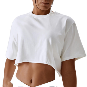 Camiseta Corta Asimétrica Blanca de Cuello Redondo para Mujer, Manga Corta, Corte Regular, Estilo Casual Hip Hop, Ecológica, de Secado Rápido, Tejida, Lisa - Product Image 1