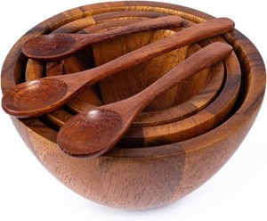 Ensemble de bols ronds gigognes en bois d'acacia faits à la main empilables avec des cuillères ensemble de petits bols en bois d'acacia décor à la maison - Product Image 4