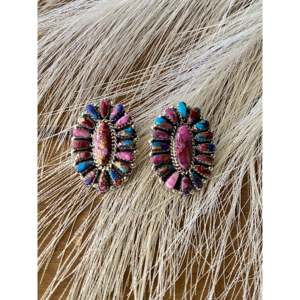 Navajo Handmade Pink Mohave Turquoise <b>Sterling</b> <b>Silver</b> <b>Stud</b> Cluster <b>Earrings</b> - Product Image 1