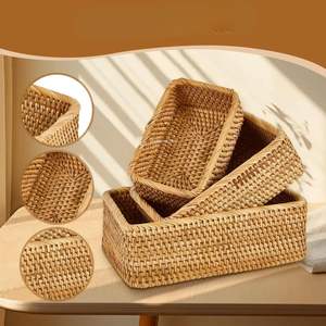 Panier à fruits en rotin naturel, ensemble de plateaux à pain rectangulaires tissés, vaisselle de luxe faite à la main pour la décoration des restaurants et des cafés - Product Image 3