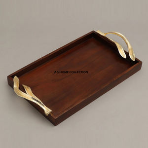 Bandeja de Madera para Servir con Asas de Metal Dorado, Bandeja para Servir, Mesa de Centro, Desayuno, Decorativa para Cocina, Comedor - Product Image 1