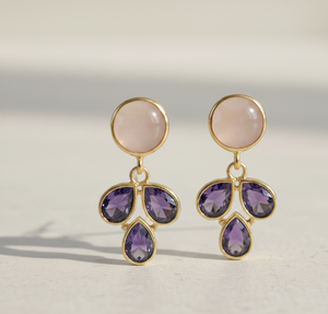 Boucles d'oreilles en calcédoine rose et améthyste bleue, plaqué or 18 carats, argent sterling 925, bijoux ronds et en forme de goutte - Product Image 4