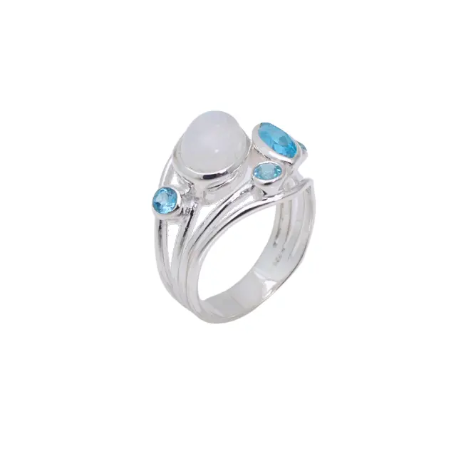 925 Sterling Silver Blue Topaz And Rainbow Moonstone Gemstone Ring For Women Gift For Her