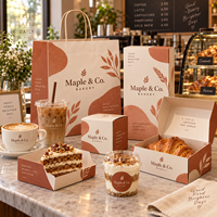 Ensemble d'emballages personnalisés AT PACK pour boulangerie et café, comprenant des gobelets en papier de 12 oz, des gobelets en PET de 16 oz, des sachets de café de 250 g et des boîtes à desserts.