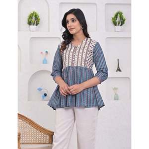 เสื้อเชิ้ตผ้าฝ้ายทอลายพิมพ์ลายสีกรมท่า ความยาวสั้น ตกแต่งด้วยกระดุม - Product Image 4