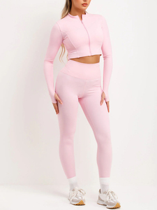 Chaqueta deportiva con cremallera de 3 piezas de color rosa para mujer, conjunto de bralette y mallas sin costuras para entrenamiento y Fitness, ropa deportiva para mujer - Product Image 5