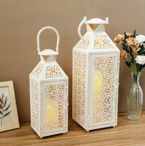 Elegant White Metal Crescent <b>Lantern</b> Duo with <b>Tall</b> Slim Design Intricate Cutwork Warm Candle Glow Perfect Festive Home Decor - Product Image 6