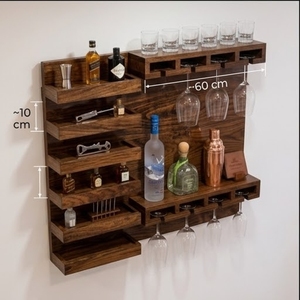 Rustic Wood Wall Shelf 5 Tier Hanging Storage <b>Rack</b> For Wine <b>Glasses</b> And Bottles - Product Image 4