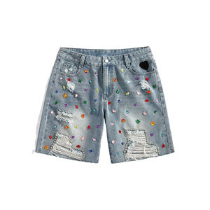 Custom Men's 100% Denim <b>Shorts</b> Baggy Rhinestone pant Summer <b>jeans</b> Diamond Crystal Side Strip Washed Denim Men's <b>Shorts</b> - Product Image 1